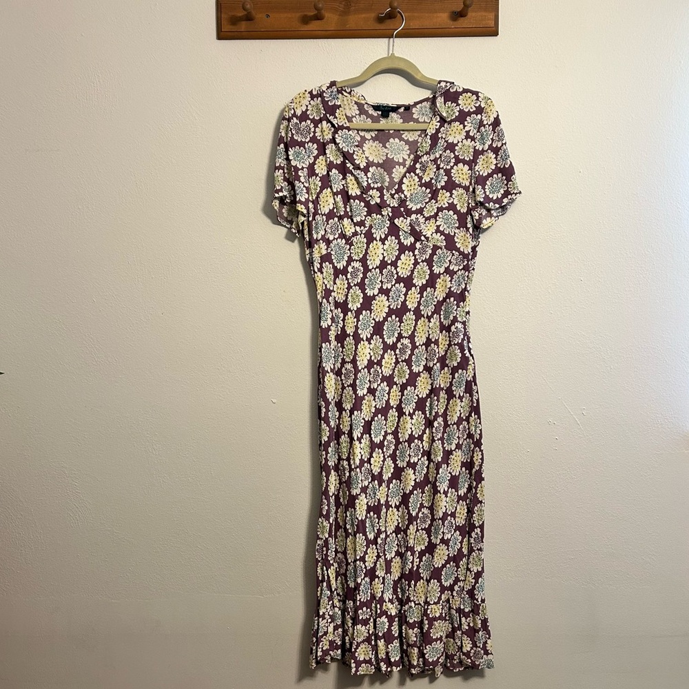 Boden Retro Style Floral Purple Midi Dress Size 16 Long